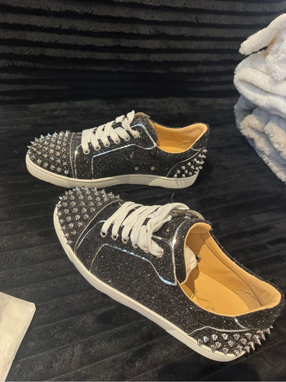 Christian Louboutin Black Glitter Spike Low-Top Sneakers